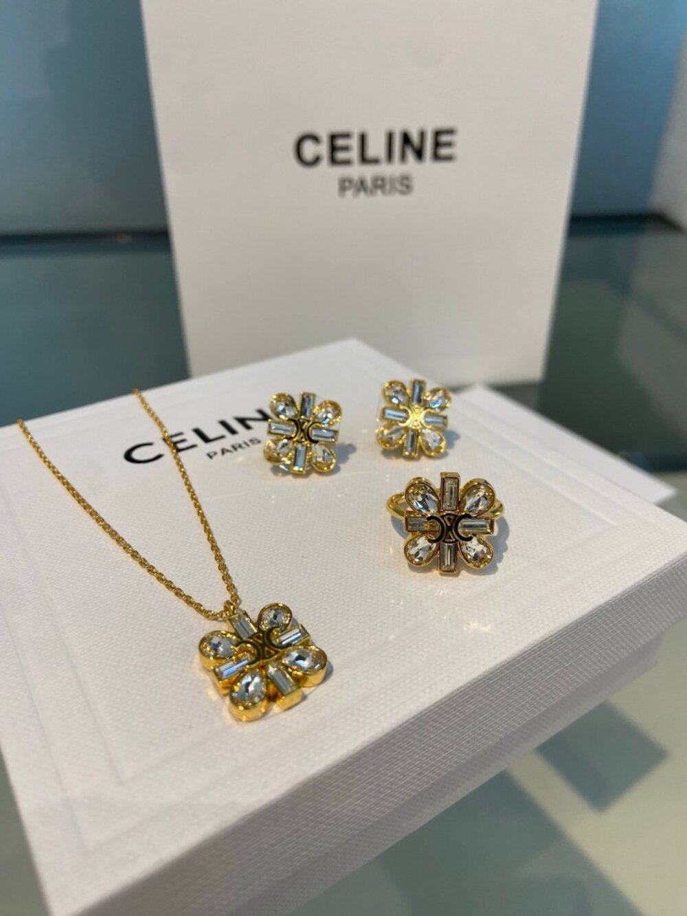 Celine Set: Gold-Tone Crystal Flower Jewelry — Necklace/ Earrings / Ring